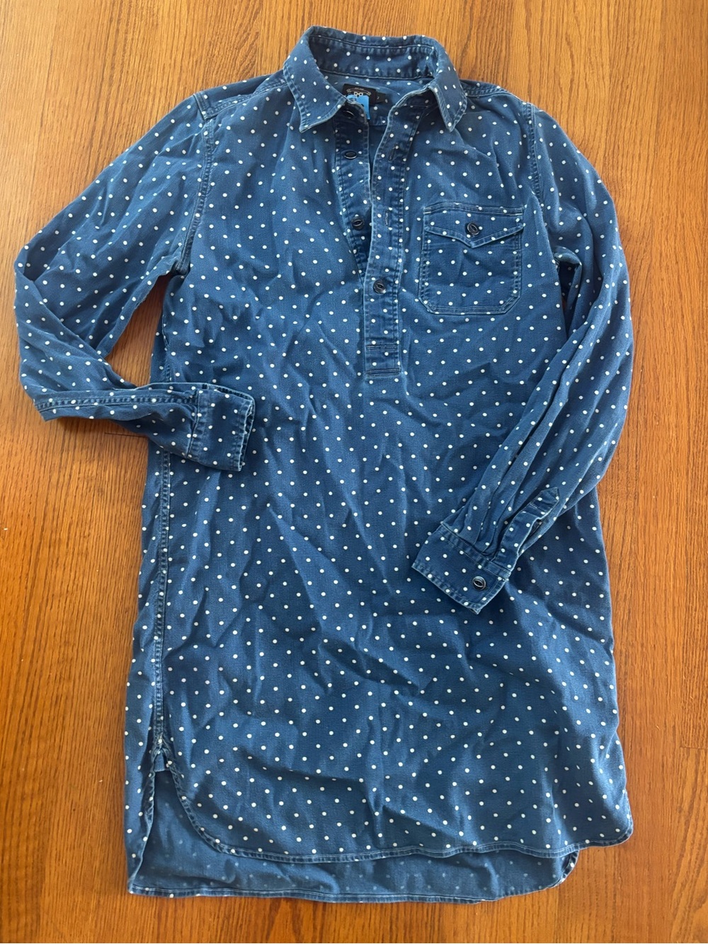 Double RL RRL Ralph Lauren Blue Polka Dot Long-Sleeve Shirt mini dress sz 2